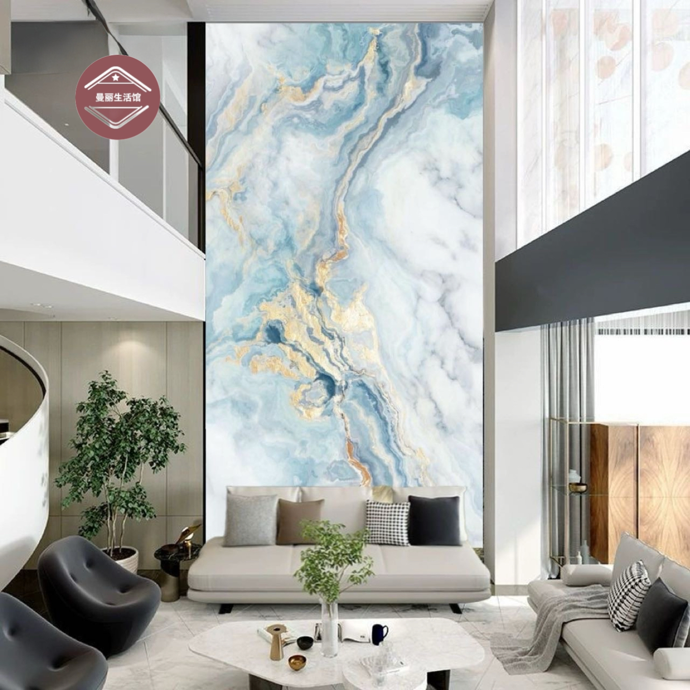 别墅复式楼挑高电视背景墙壁纸壁画现代轻奢客厅仿大理石墙纸墙布