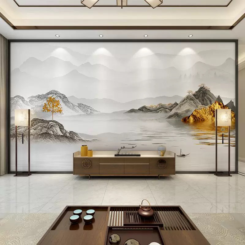 定制新中式水墨山水画大气壁纸客厅粘贴卧室墙纸影视墙布壁画挂画