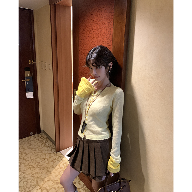 【爆柠草莓金菠萝】设计感拼色针织开衫毛衣女百搭上衣3951