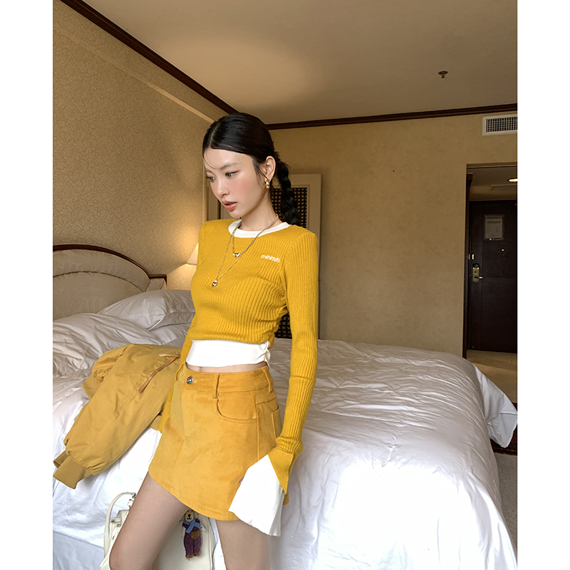 【旭日阳刚】拼色针织衫女打底衫内搭外穿短上衣4015