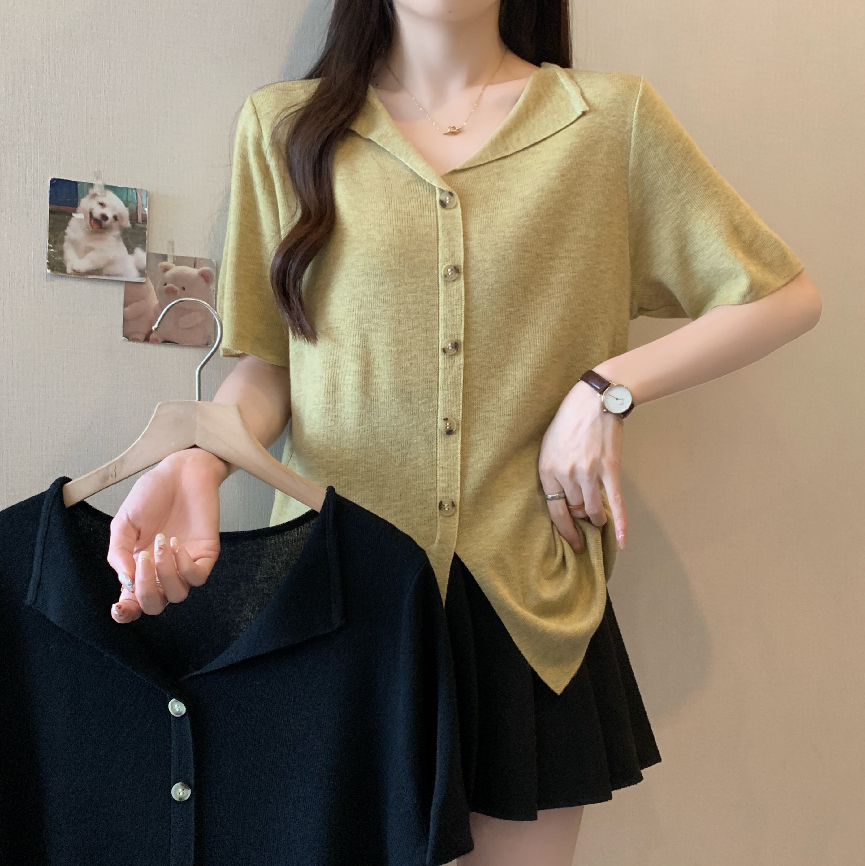 清69156大码女装2025夏装翻领短袖冰丝针织衫胖mm遮肉别致上衣