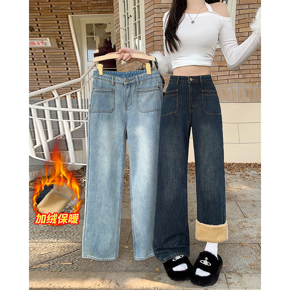 清大码冬季新款胖mm加绒加厚直筒牛仔裤梨形身材保暖阔腿裤65009