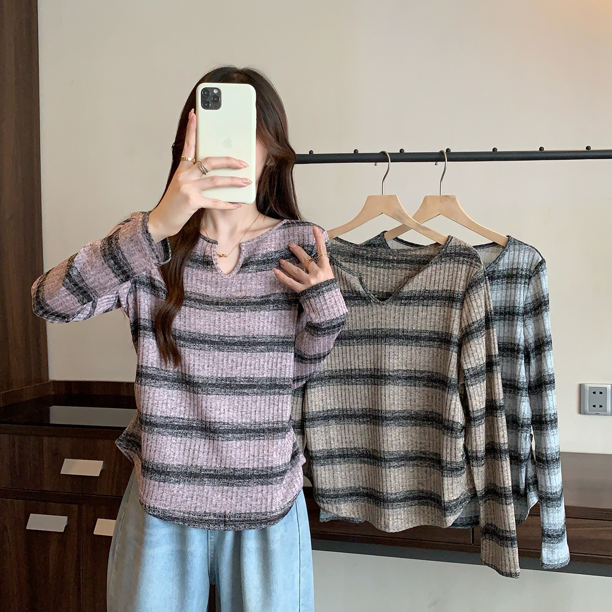 清63517大码胖mm2025春季新款条纹打底衫正肩长袖t恤显瘦遮肉上衣