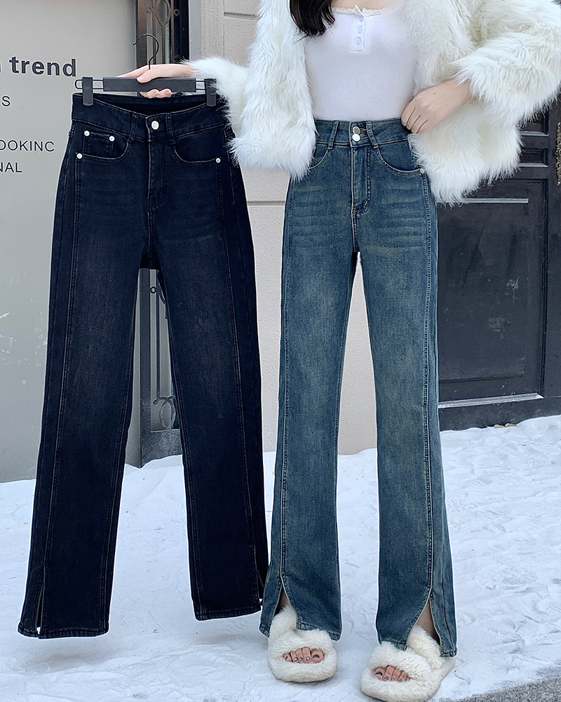 清65371胖妹妹裤子大码女装2025秋季腿粗显瘦开叉直筒牛仔长裤