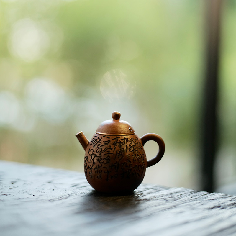 凡巢一凡手书 松风舍程伟刻字陶泥泡茶壶 红色化妆土执把泡壶
