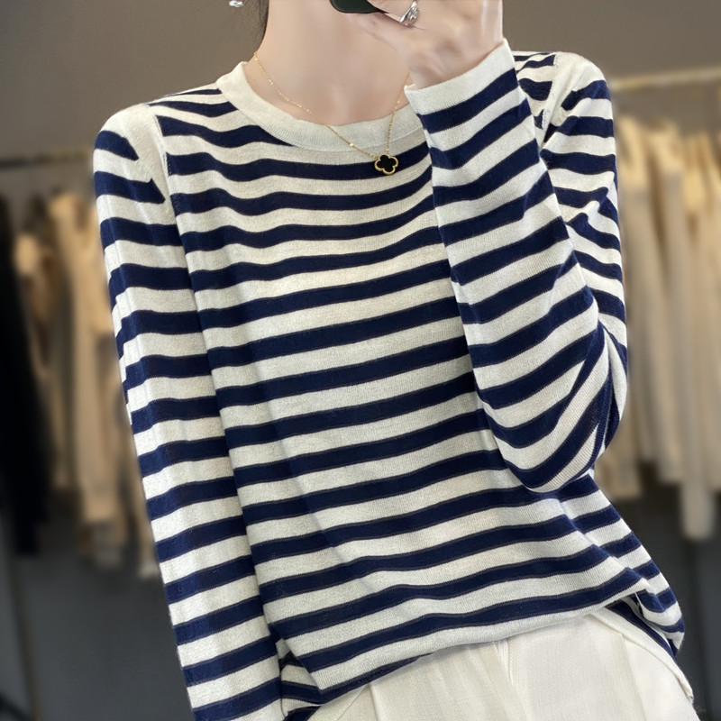 新款法式圆领撞色条纹精仿羊毛优雅显瘦上衣打底衫