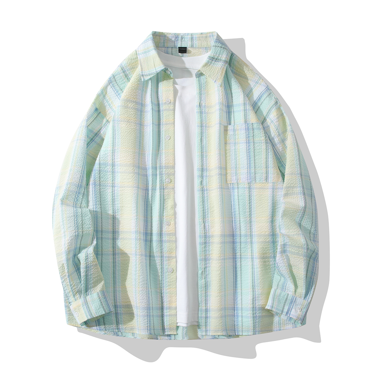 清新薄荷绿色格子拼色长袖衬衫春秋季提花纹理高级感情侣衬衣外套