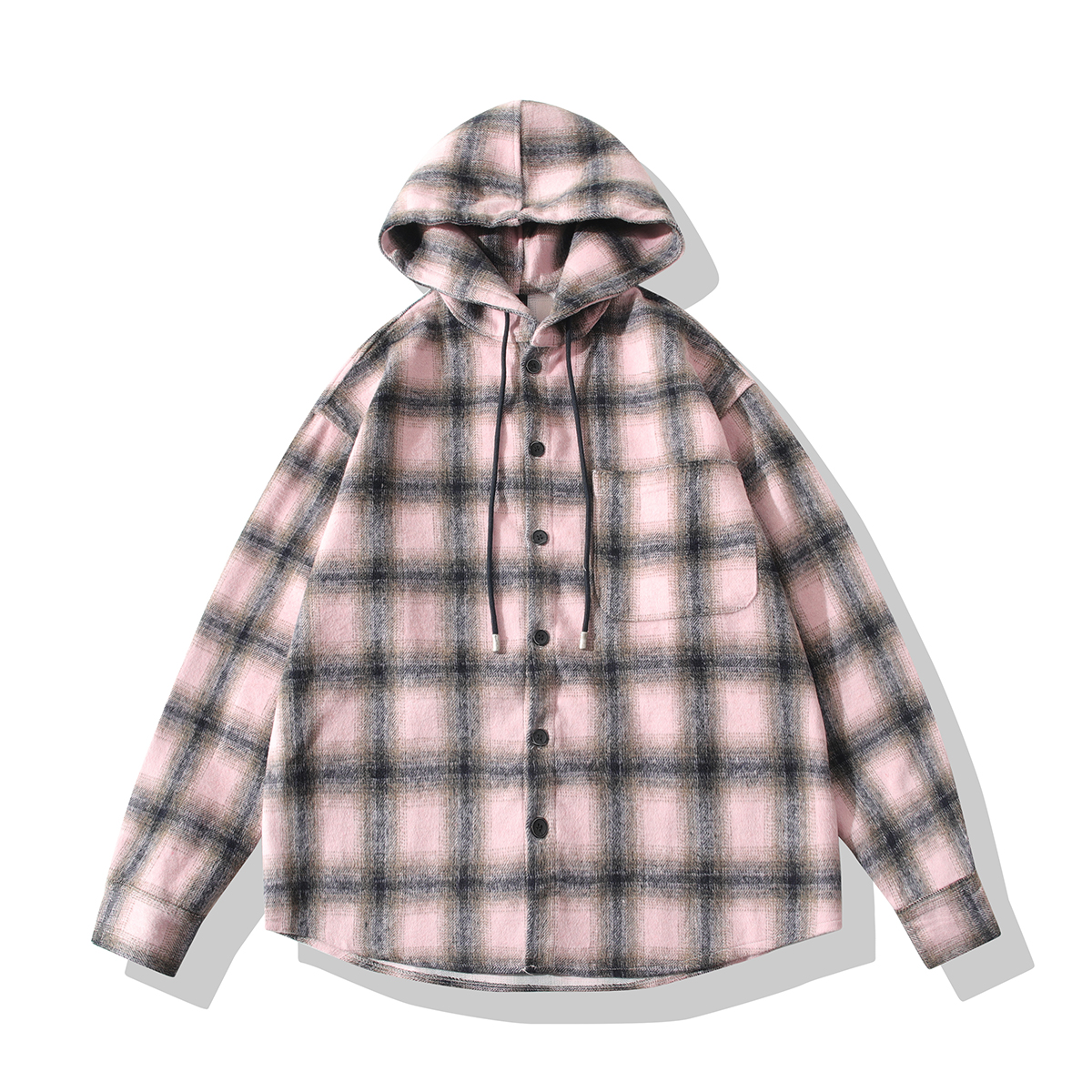 粉色温柔磨毛连帽棉质格子衬衫情侣款春秋时尚百搭款式潮流衬衣