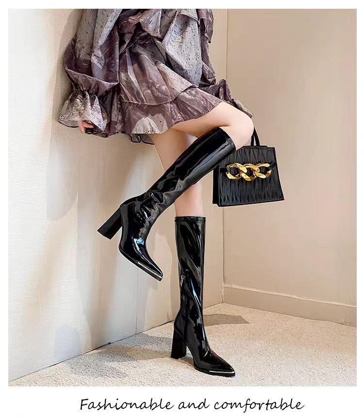 肯豆同款鞋高筒长靴子女2024年新款小个子黑色漆皮高跟显瘦长筒靴