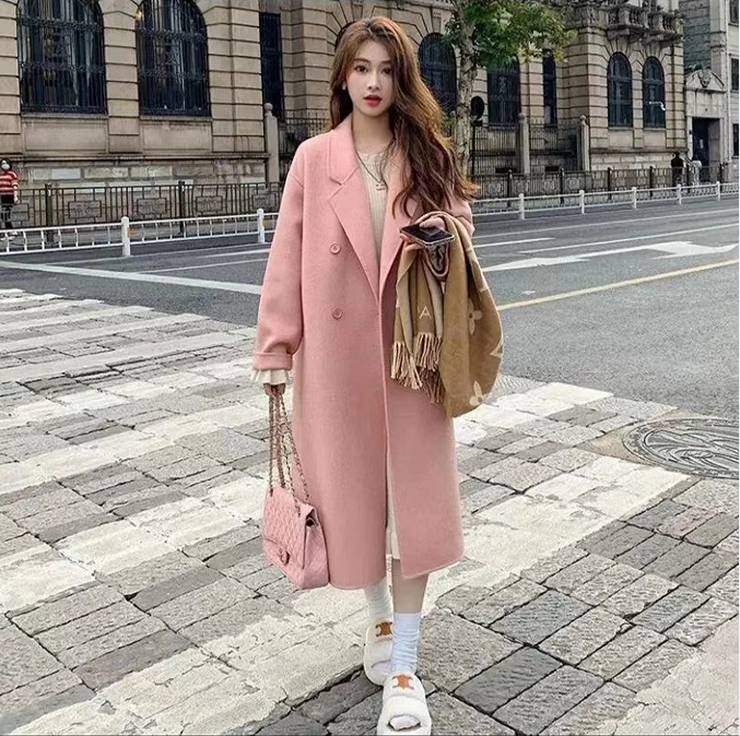 8818四粒扣双面羊毛大衣西装翻领长款秋冬外套宽松版大衣