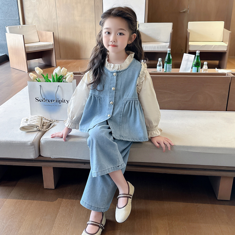 女童秋装秋季2024新款洋气儿童春秋时髦牛仔马甲公主风三件套潮流