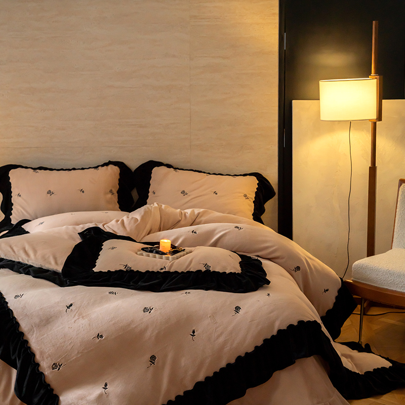 【玫瑰心绪】秋冬法式高级高端法式高克重牛奶绒加厚四件套