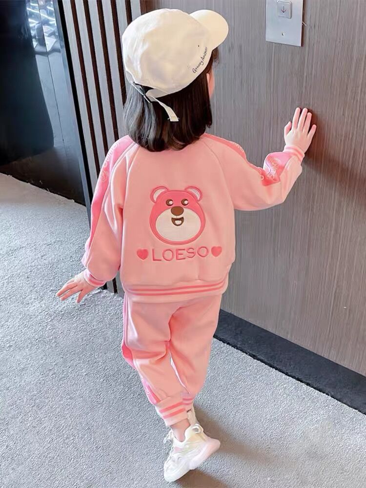 女童春秋款字母草莓熊套装洋气女孩宝春秋时髦小童儿童装春秋衣服