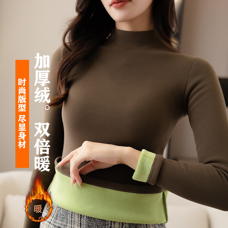 严选秋冬半高领保暖加绒加厚打底衫女士保暖上衣圆领内搭外穿打底
