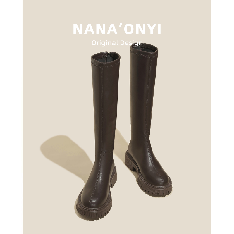 回力瑞长靴女2023秋冬新款英伦风不过膝高筒小个子厚底增高长筒靴