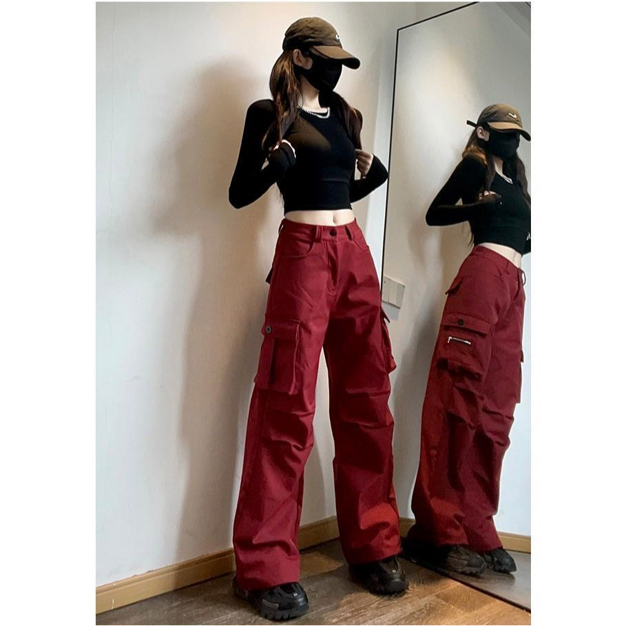2025新款春秋运动显瘦时尚百搭美式复古休闲直筒阔腿高腰工装裤女