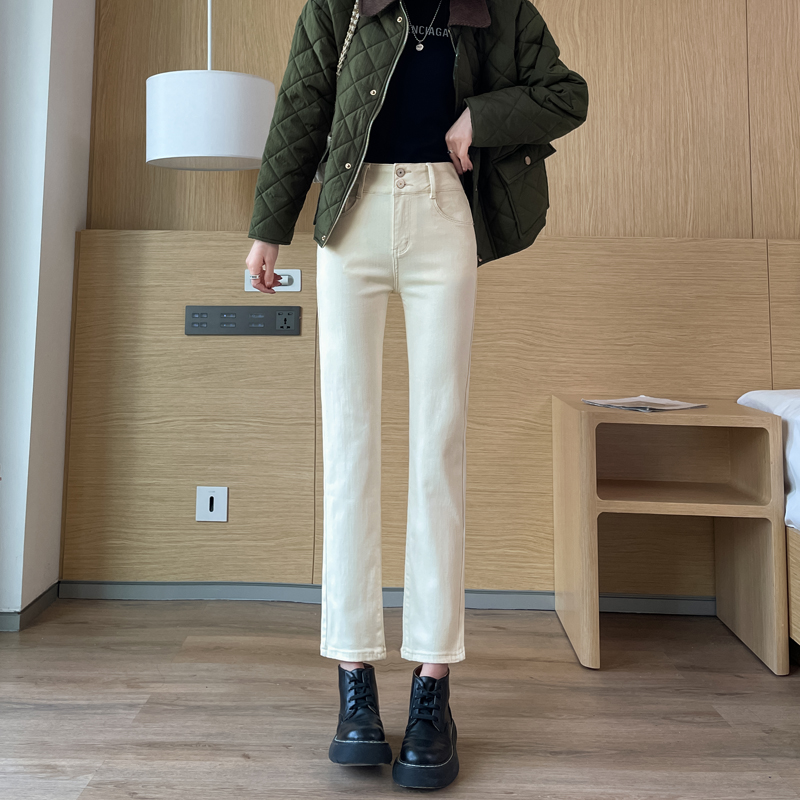 直筒外穿牛仔裤女2022冬季加厚显瘦弹力高腰九分烟管裤米白色韩版