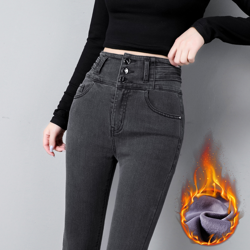 烟灰色高腰冬季女2023年秋冬款保暖弹力显瘦修身小脚裤九分长裤