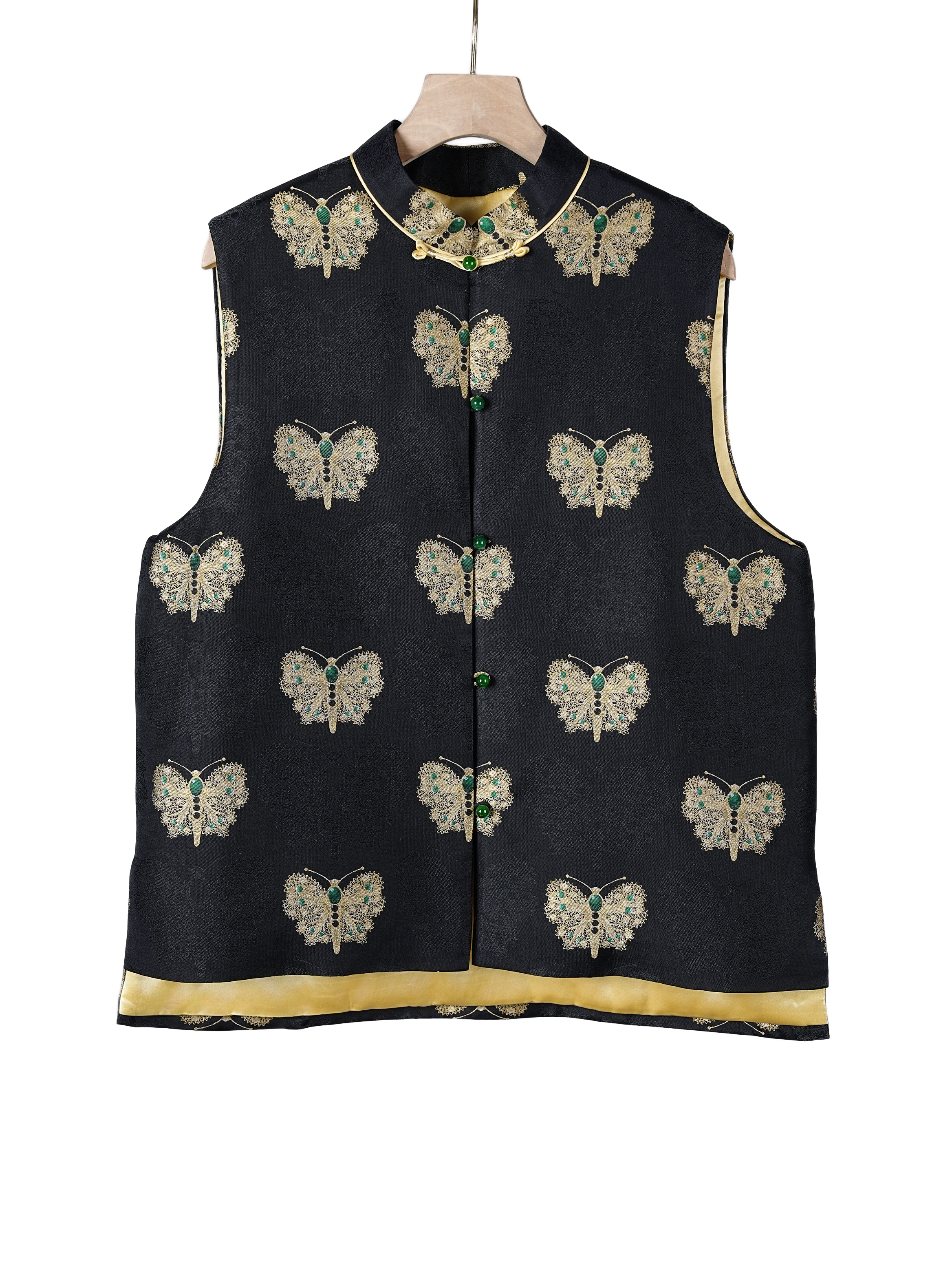 菁菁古韵｜上久楷宋锦黑金蝴蝶绿宝石内胆桑蚕丝絮片马甲保暖