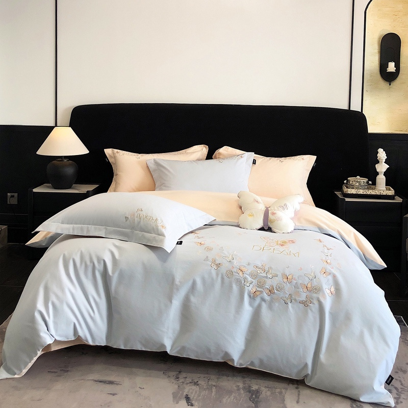 【晴美】全棉碳素磨毛刺绣四件套-梦想蝴蝶系列-蓝