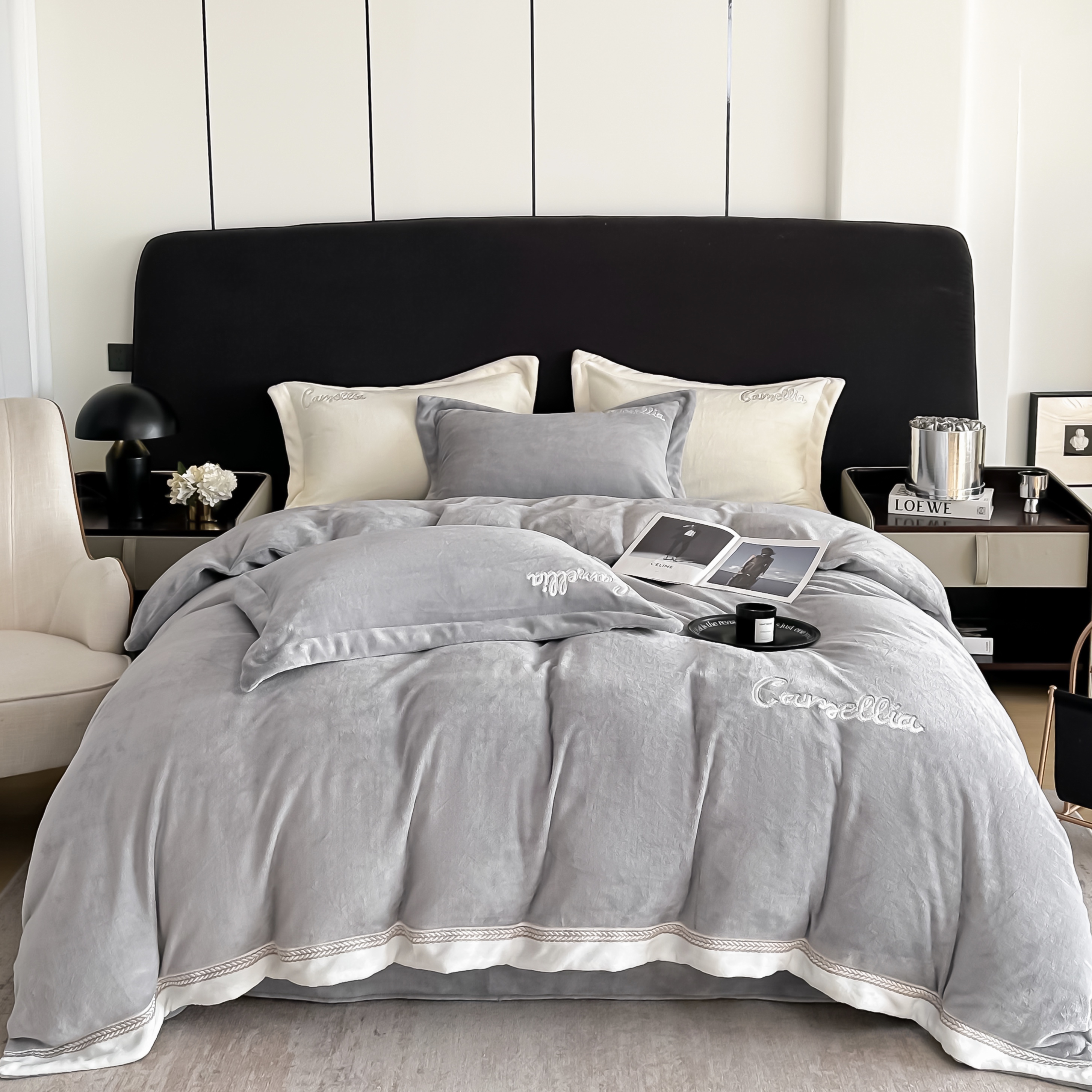 【晴美】高克重牛奶绒宽边刺绣四件套-埃琳娜系列