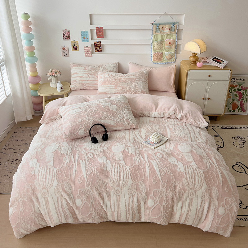 【晴美】加厚雕花仿兔绒四件套-仙人掌-粉
