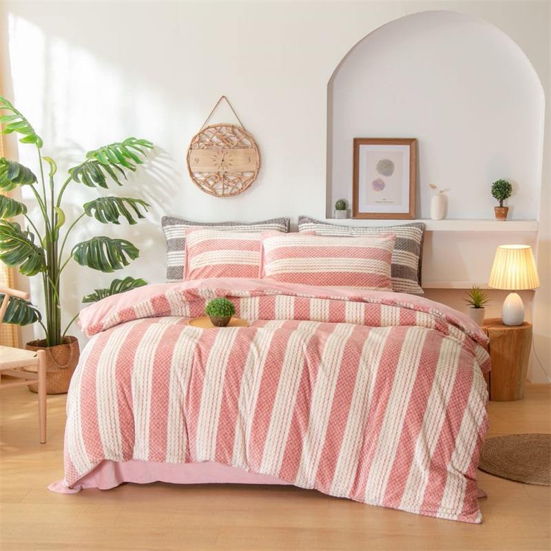 【晴美】简约提花条纹绒懒人三面拉链四件套