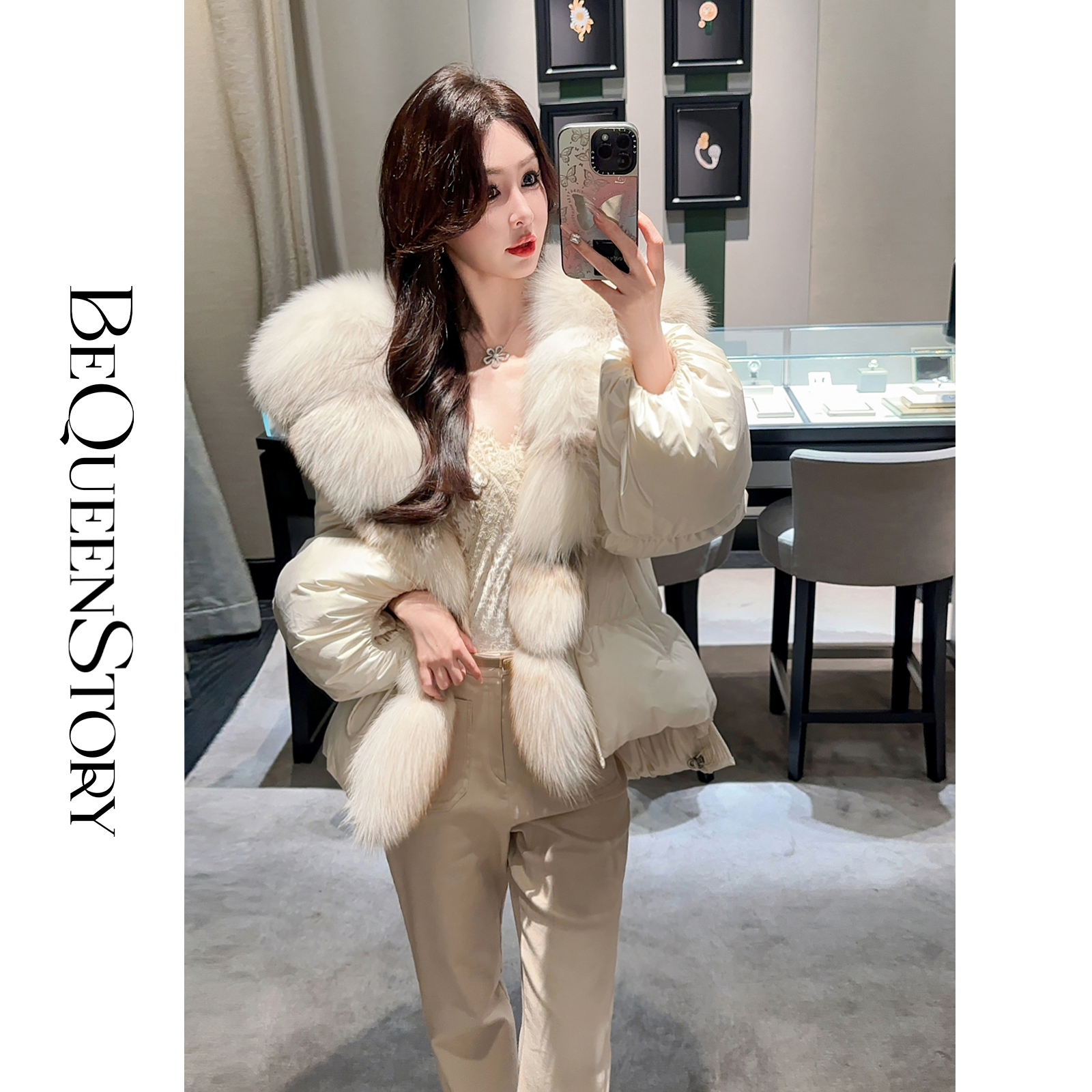 余潇潇【挪威初雪】气质保暖狐狸毛领冬季短款鹅绒服
