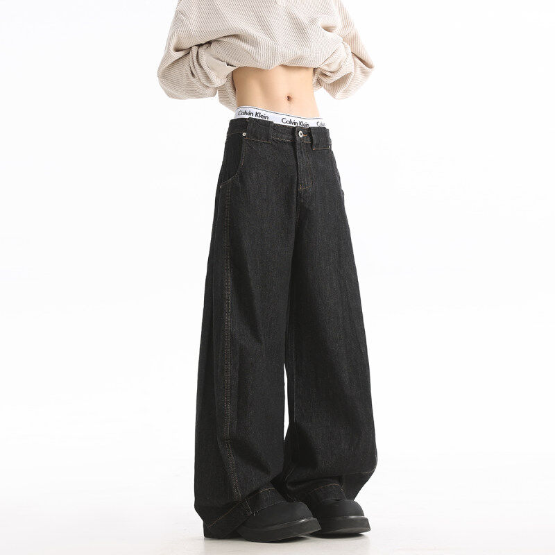 可乐自制复古丹宁黑色阔腿弯刀牛仔裤男女美式百搭直筒宽松老爹裤