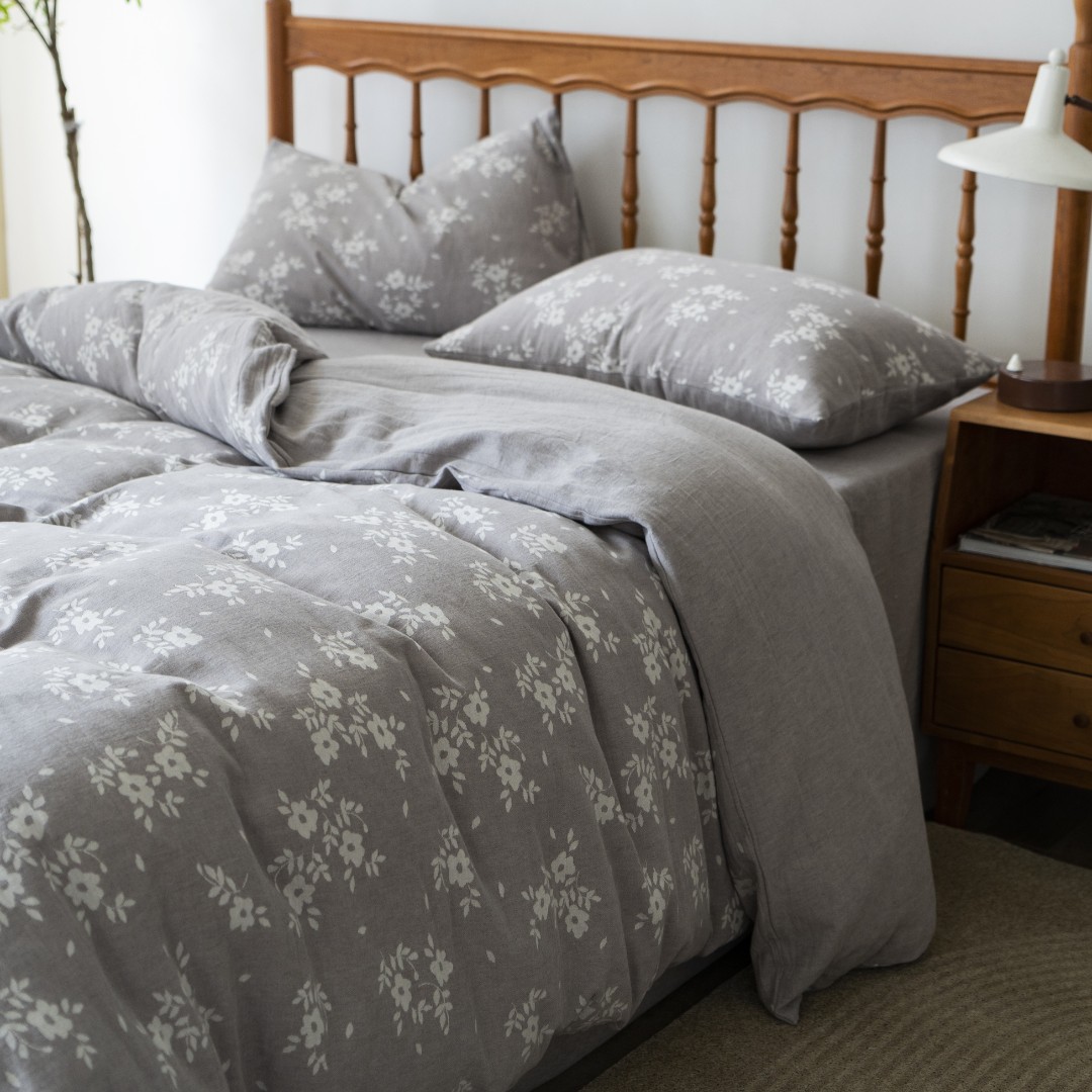 【麻生活-桃蹊】100%日式碎花棉麻贡缎大提花四件套复古被套床单