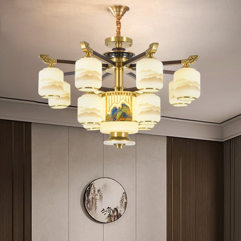 新中式客厅吊灯别墅复式楼全铜实木吊灯餐厅灯具