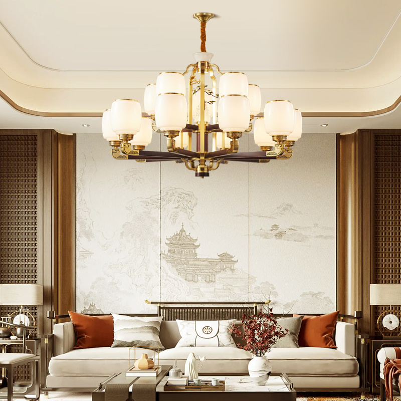 新中式吊灯铜加木的客厅挑空客厅旋转楼梯中国风现代复式楼大吊灯