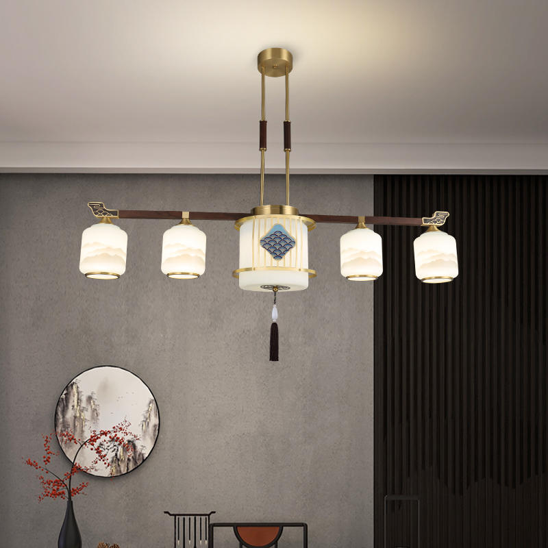 新中式全铜红木餐厅吊灯中国风禅意艺术长条茶室书房灯中式吊灯