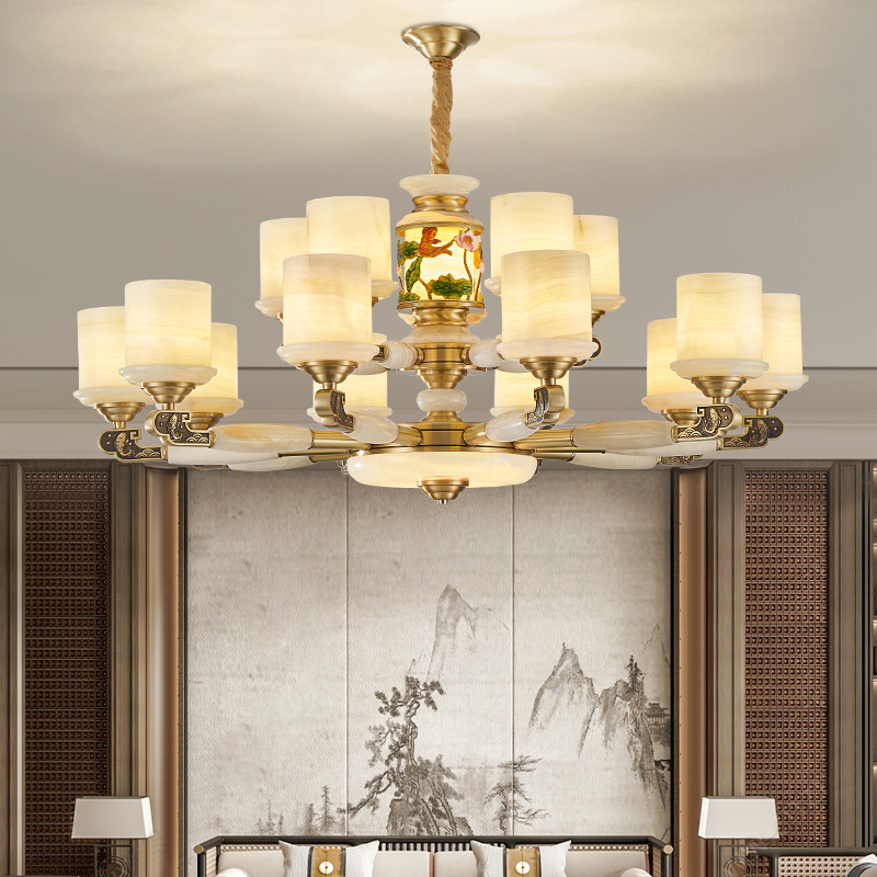 新中式全铜玉石吊灯国风禅意家用简约大气客厅餐厅书房茶室卧室灯