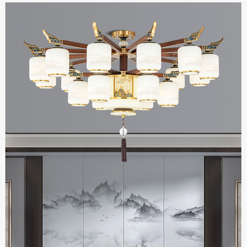 千里江山 全铜新中式吸顶灯客厅灯中国风别墅大气黑胡桃餐厅吊灯