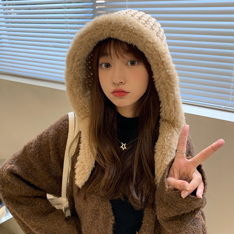 网红毛线帽子女秋冬韩版加厚保暖护耳针织帽大头围显脸小2023新款