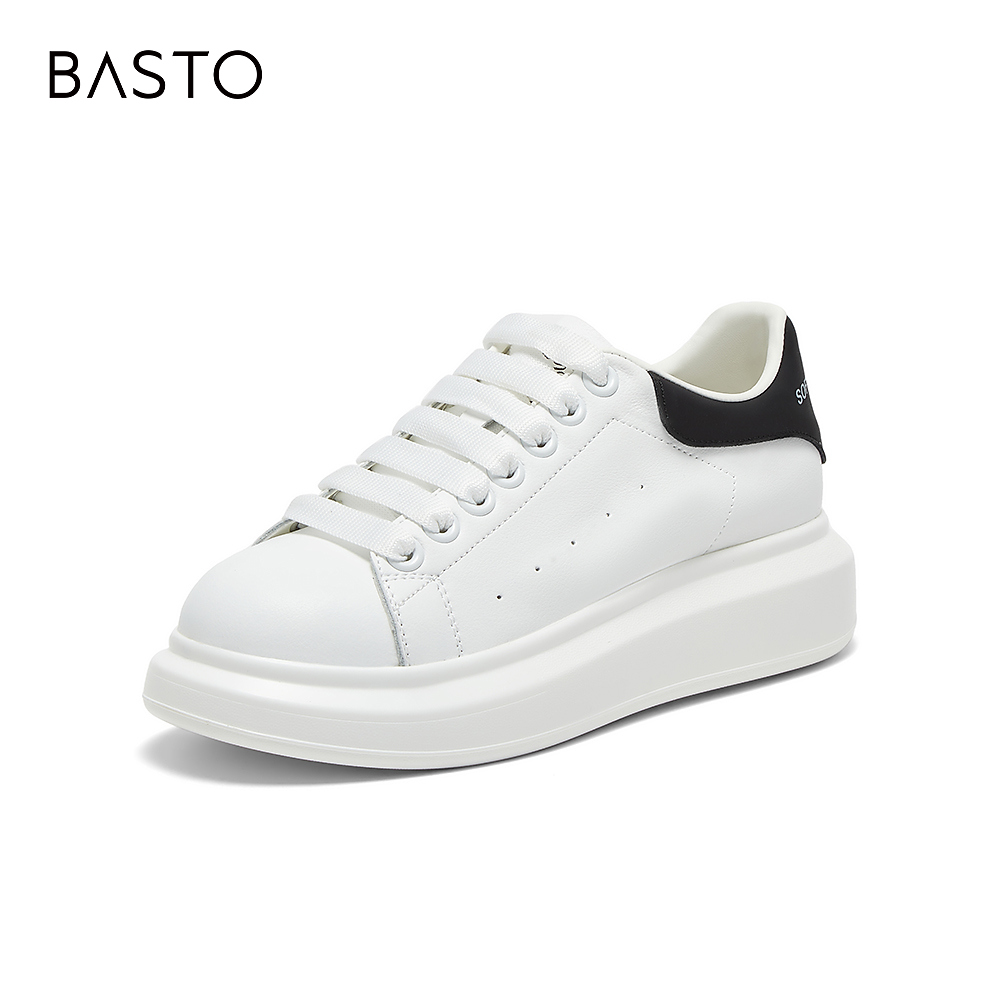 百思图2025春季新款时尚户外运动小白鞋厚底圆头女休闲鞋V0121AM5