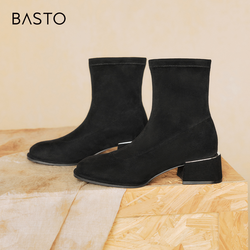 【诗语专属】百思图2024冬季新款时尚潮流弹力靴粗跟女短靴E0283DD4