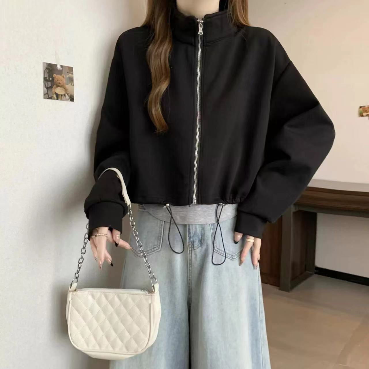  只发新疆 女士拉链翻领长袖套头衫纯色背心两件套 66808