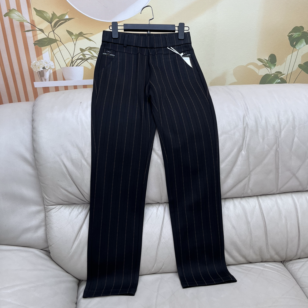 女士黑色条纹小直筒裤春季新款高腰修身气质修身铅笔裤 23061