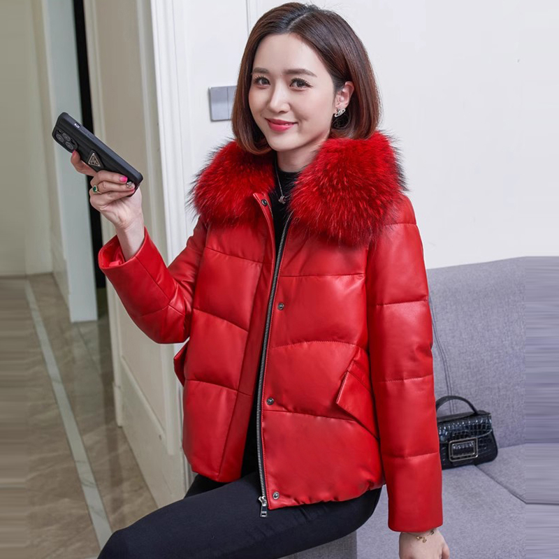 冬款海宁韩版真皮皮衣绵羊皮羽绒服女短款高端修身显瘦红色外套