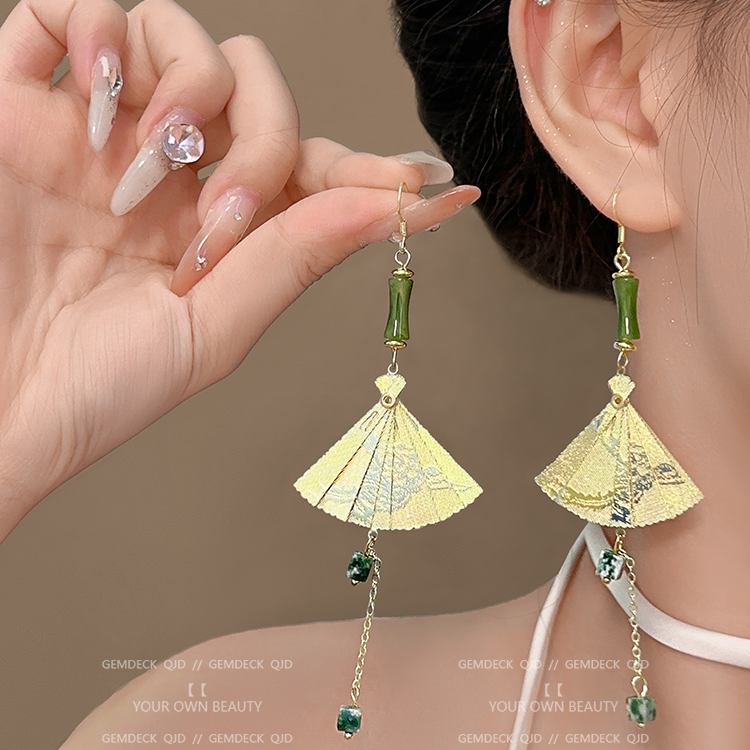 合金耳饰 新中式复古雕纹扇流苏串珠耳环 古典国风小众设计感长款