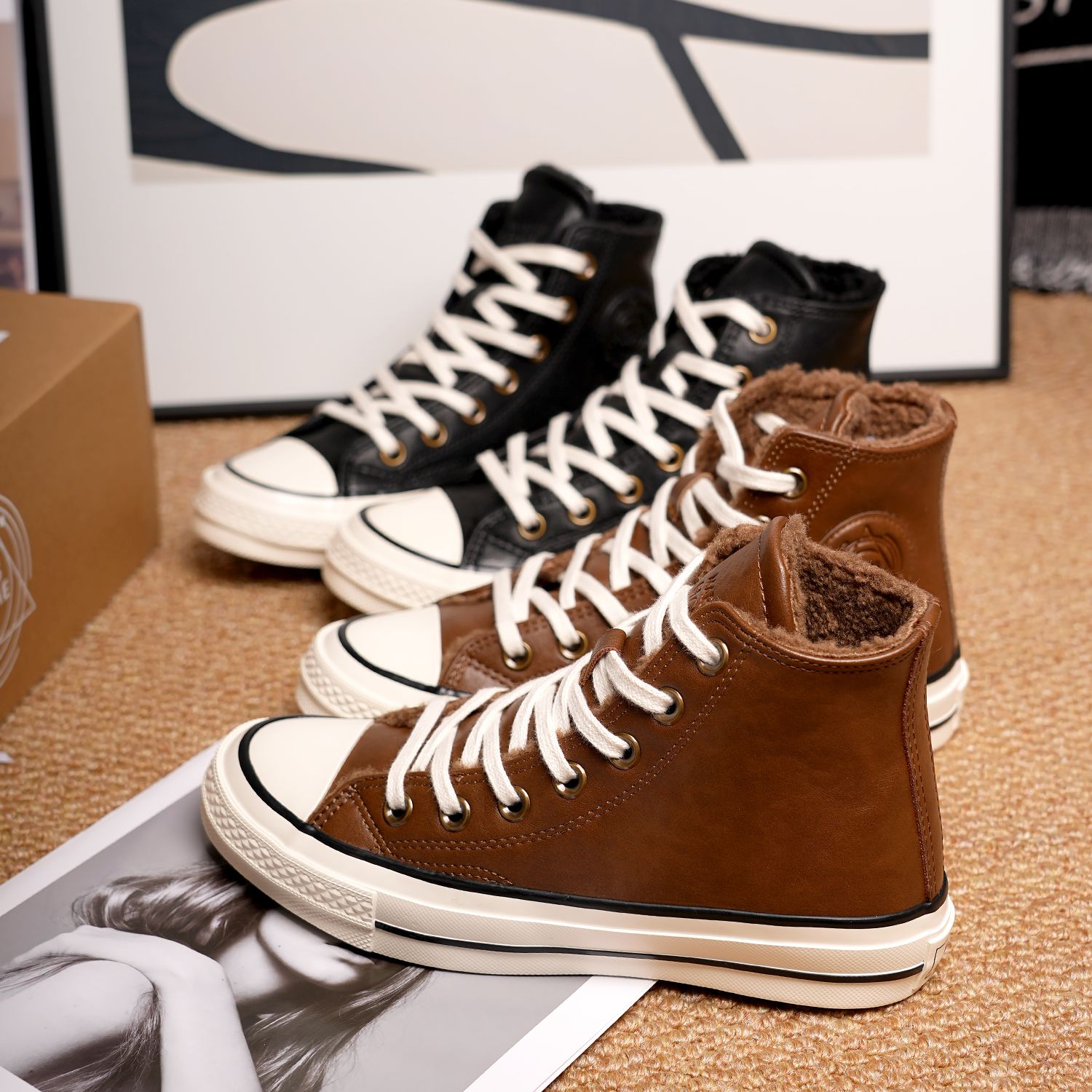 火星几何加绒高帮男士休闲鞋2025秋冬时尚百搭棉鞋复古保暖帆布鞋