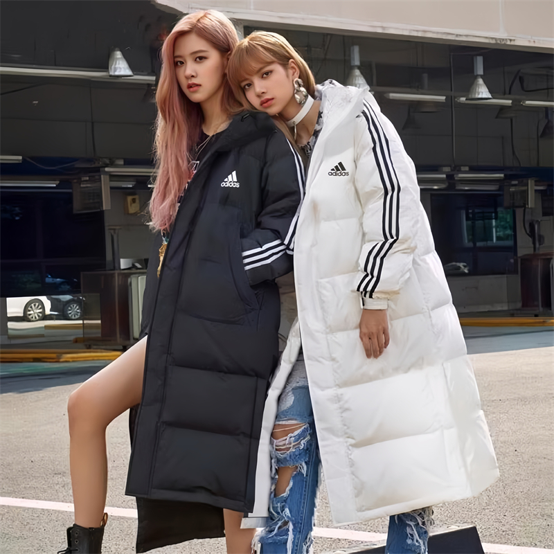 Adidas阿迪达斯黑白三条杠情侣运动长款羽绒服外套IT8714 IT8713