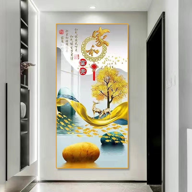 自粘竖版防水玄关贴画墙贴山水风景装饰画过道走廊简约中式