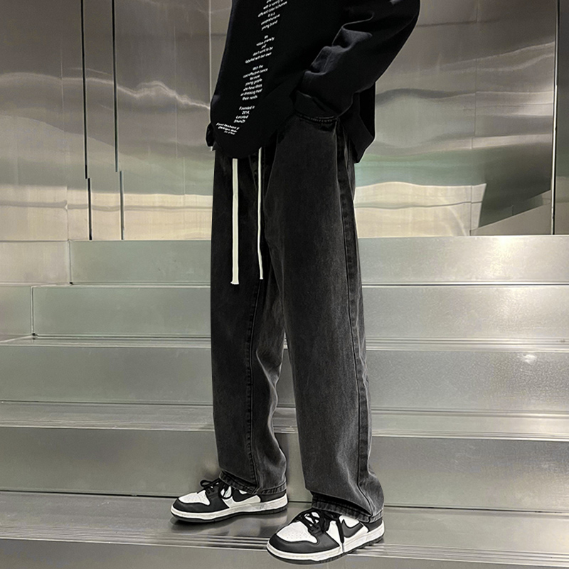 黑色复古牛仔裤男秋冬季男生美式高街潮牌裤子加绒加厚宽松直筒裤