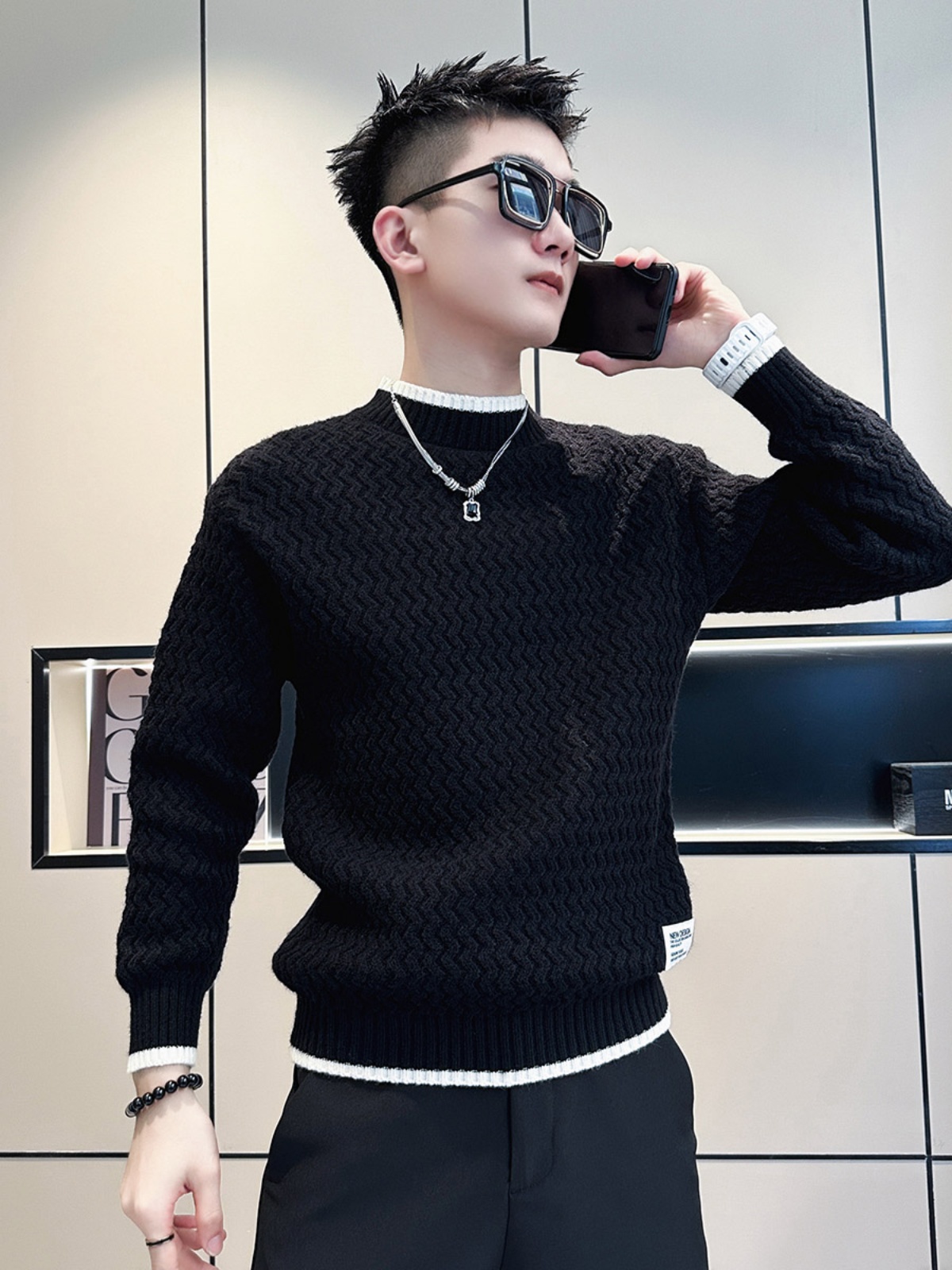 秋冬季半高领毛衣男潮牌打底衫痞帅修身2023休闲假两件针织衫潮