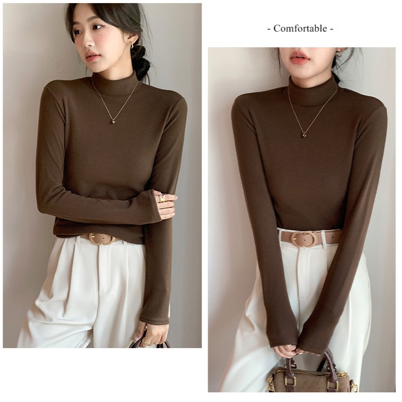 秋冬新款百搭舒适小立领微丽绒纯色打底衫