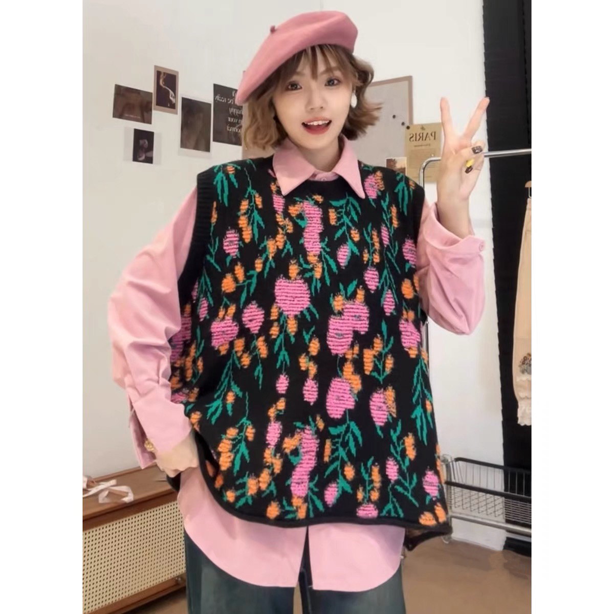 2025春秋新款韩版森系甜美提花套头马甲圆领时尚