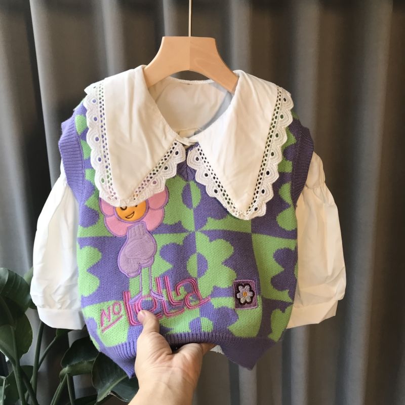 童装女童毛衣马甲针织衫白色衬衣两件套潮流时髦女宝宝套装毛线衣